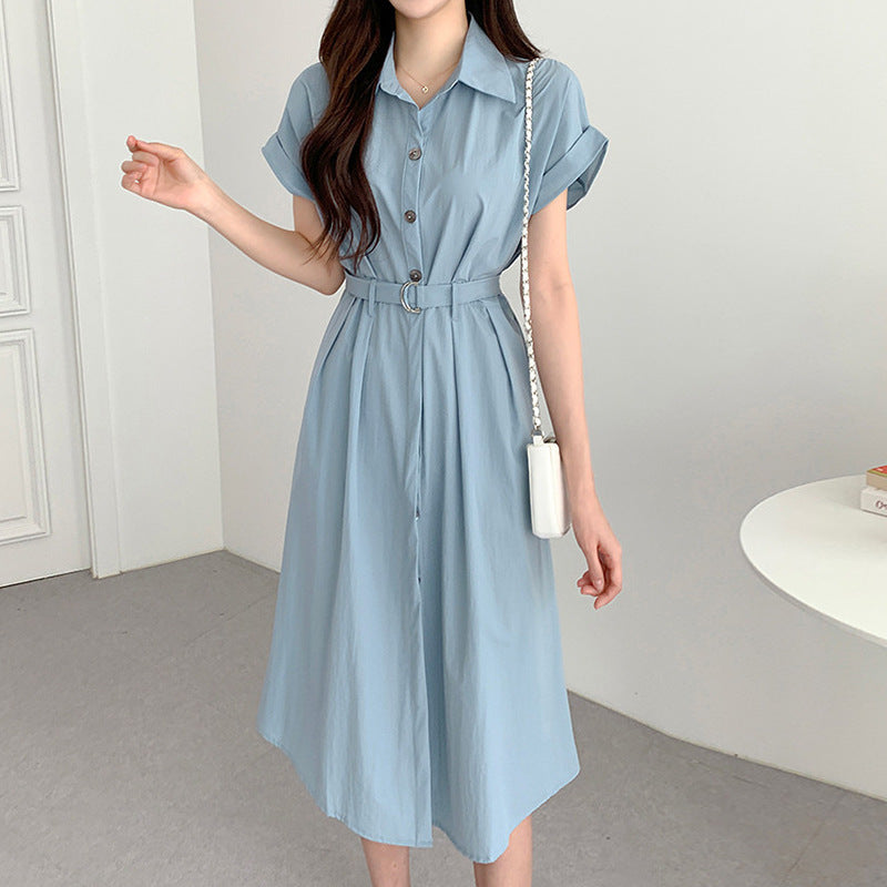 Summer French Style Lapel Tied Short Sleeve Shirt Dress