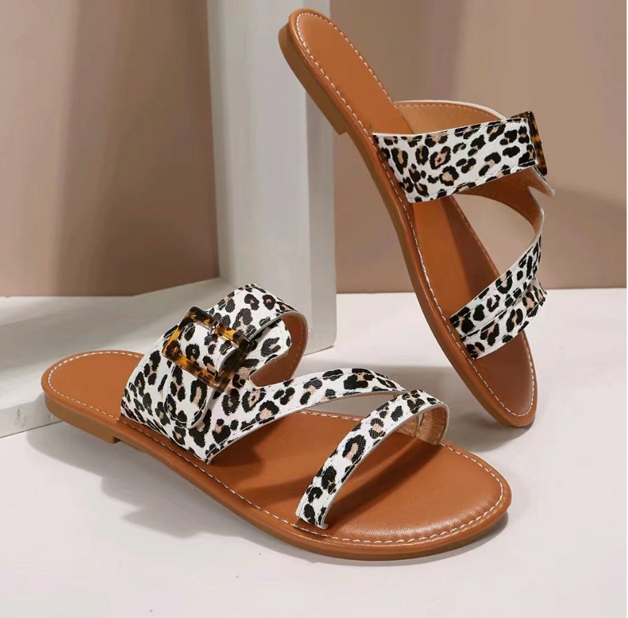 Women's Plus Size Leopard Print Flat Open Toe Slippers