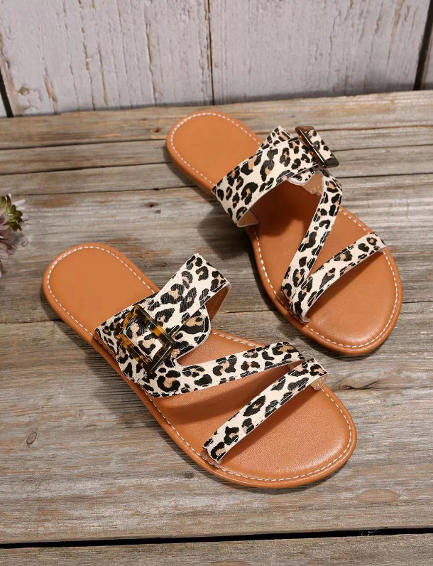 Women's Plus Size Leopard Print Flat Open Toe Slippers