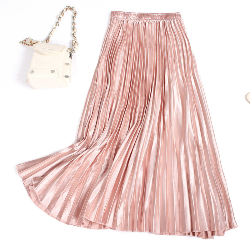 Solid Color Satin Women's High-waisted Pleated Skirt