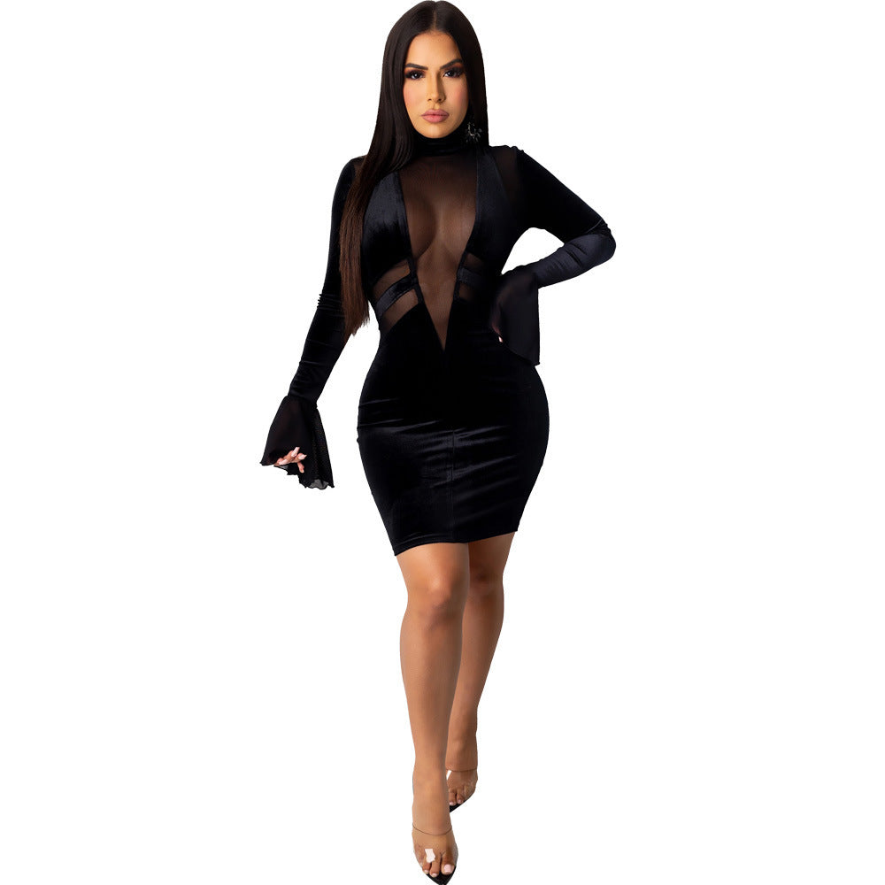 Women's Deep V-neck Mesh Stitching Non-inverted Velvet Horn Long Sleeve Skirt