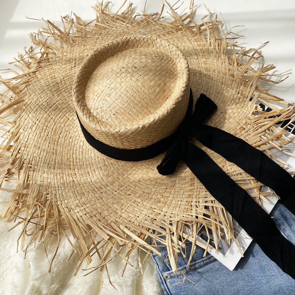 Women's Handmade Raw Edge Big Hat With Raffia Straw For Summer Vacation