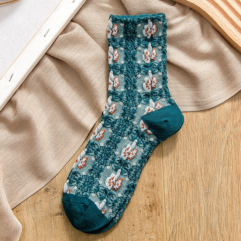 Retro Three-dimensional Relief Socks Women's Tube Flowers Casual Wear