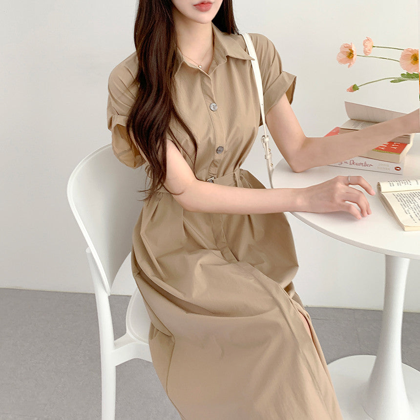 Summer French Style Lapel Tied Short Sleeve Shirt Dress