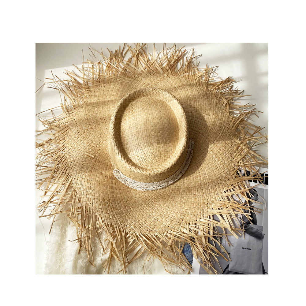 Women's Handmade Raw Edge Big Hat With Raffia Straw For Summer Vacation