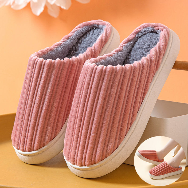 Striped Design Slippers Winter Indoor Warm Thick-soled Home Slippers Women's Plush Cotton Slippers Solid Anti Slip House Shoes