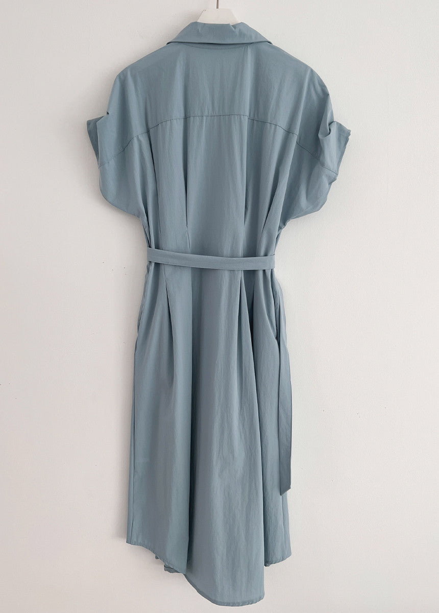 Summer French Style Lapel Tied Short Sleeve Shirt Dress