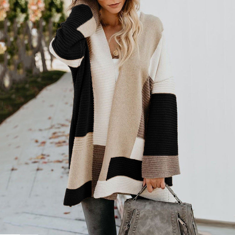 Women's Plus Size Oversized Geometric Colorblock Sweater Cardigan