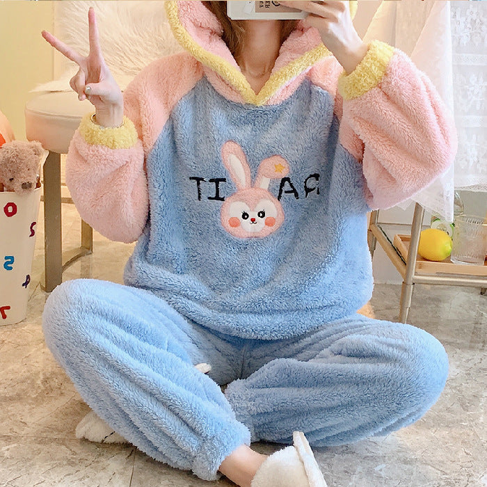 Women's Thickened Flannel Pajamas Hooded Loungewear Set